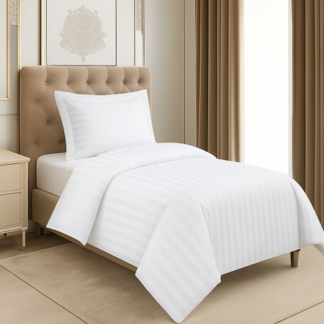 Lenjerie de pat hoteliera single damasc alb 150x220 cm dungi late Pakistan