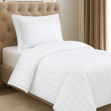 Lenjerie de pat hoteliera single damasc alb 150x220 cm dungi late Pakistan