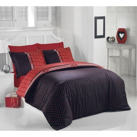 Lenjerie de pat de lux din bumbac dublu satinat jacquard, model Altinbasak Boni Roșu, 4 piese, cu buline roșii pe fundal negru.