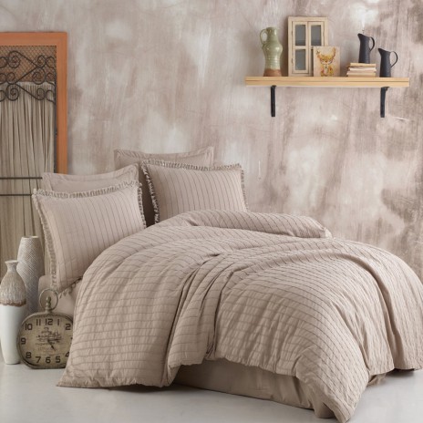 Lenjerie de pat Clasy Home Estina V2 din bumbac 100% jacquard ranforce, design bej cu dungi discrete
