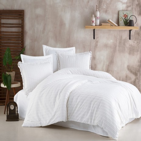 Lenjerie de pat Clasy Home Estina V5 din bumbac 100% jacquard ranforce, design alb cu dungi discrete