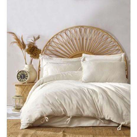 Lenjerie de pat jacquard ranforce crem, model Saheser Lucca
