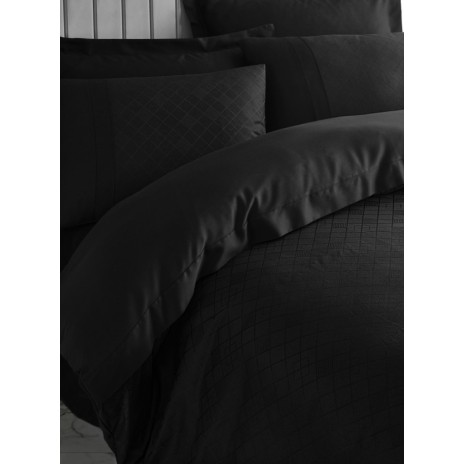 Lenjerie de pat jacquard satin de lux Cotton Box Dama Black, design elegant negru intens, 100% bumbac satinat, set 6 piese