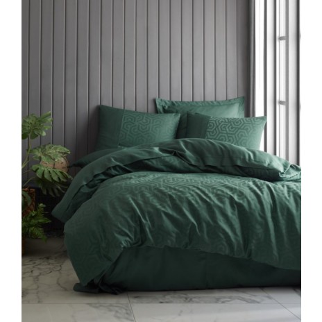 Lenjerie de pat jacquard satin de lux Cotton Box Hexa Green, design geometric verde închis, 100% bumbac satinat, set 6 piese