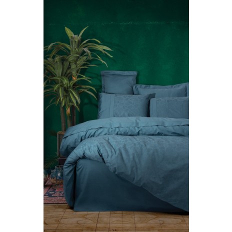 Lenjerie de pat jacquard albastru petrol din bumbac satinat Cotton Box, model Sante Petrol Blue, set complet
