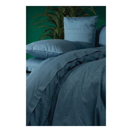 Lenjerie de pat jacquard albastru petrol din bumbac satinat Cotton Box, model Sante Petrol Blue, set complet