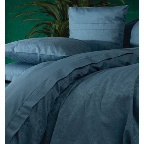 Lenjerie de pat jacquard albastru petrol din bumbac satinat Cotton Box, model Sante Petrol Blue, set complet