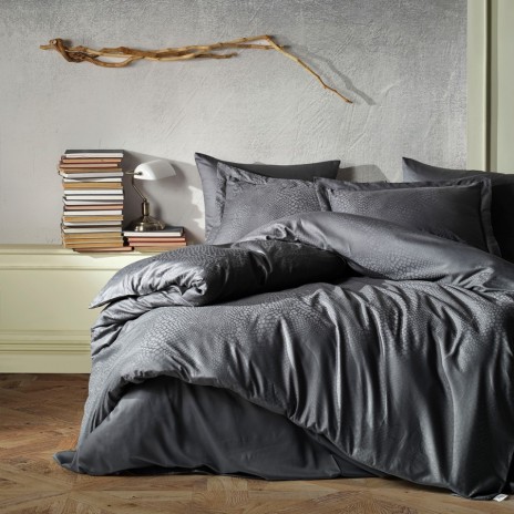Lenjerie de pat Jacquard satin gri antracit Saheser, bumbac 100%, set de 6 piese, cearșaf de pat și pilotă, fețe de pernă, model piele de șarpe.