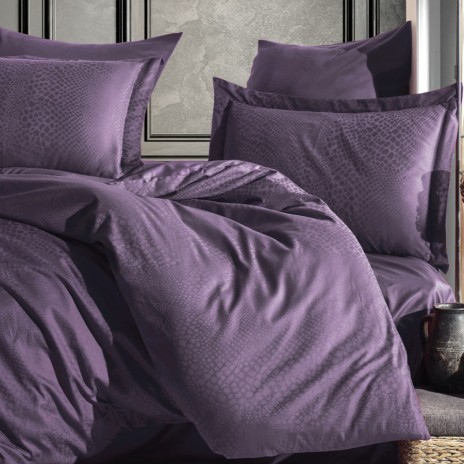Lenjerie de pat Jacquard satin mov Saheser, bumbac 100%, set de 6 piese, cearșaf de pat și pilotă, fețe de pernă, model geometric jacquard.