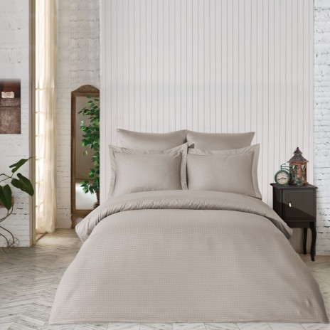 Lenjerie de pat Jacquard satin bej Saheser, bumbac 100%, set de 6 piese, cearșaf de pat și pilotă, fețe de pernă, model geometric diamant.