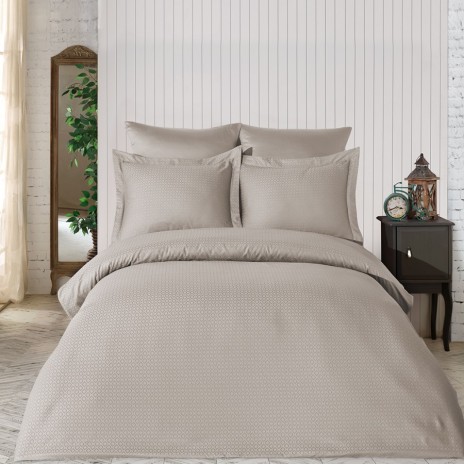 Lenjerie de pat Jacquard satin bej Saheser, bumbac 100%, set de 6 piese, cearșaf de pat și pilotă, fețe de pernă, model geometric diamant.