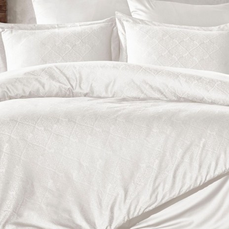 Lenjerie pat jacquard satin de lux Harley Ecru cu model romburi Saheser Home