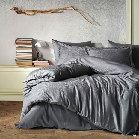 Lenjerie de pat Jacquard satin gri Saheser, bumbac 100%, set de 6 piese, cearșaf de pat și pilotă, fețe de pernă, model piele de șarpe.
