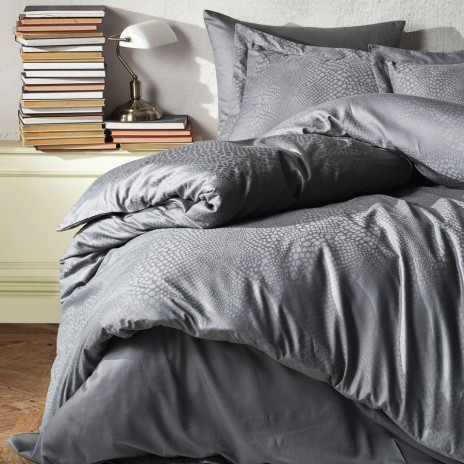 Lenjerie de pat Jacquard satin gri Saheser, bumbac 100%, set de 6 piese, cearșaf de pat și pilotă, fețe de pernă, model piele de șarpe.