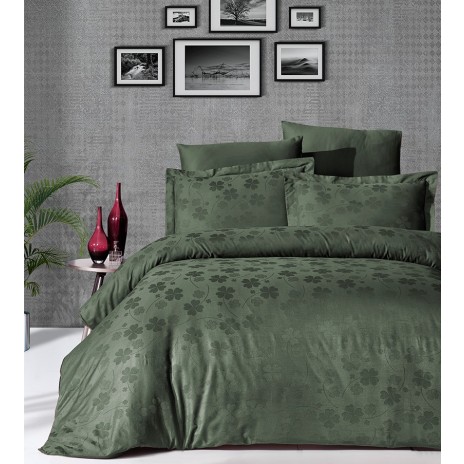 Lenjerie de pat verde închis cu design floral jacquard cu trifoi din bumbac satinat mercerizat, model Story Home Clover Dark Green, set 6 piese.