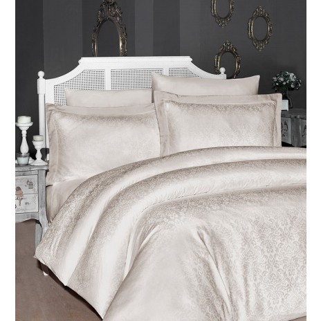 Lenjerie de pat crem cu design elegant jacquard cu motive florale din bumbac satinat mercerizat, model Story Home Clover Ivory, set 6 piese.