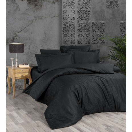 Lenjerie de pat neagră cu design elegant jacquard cu motive florale stil damasc din bumbac satinat mercerizat, model Story Home Misra Black, set 6 piese.