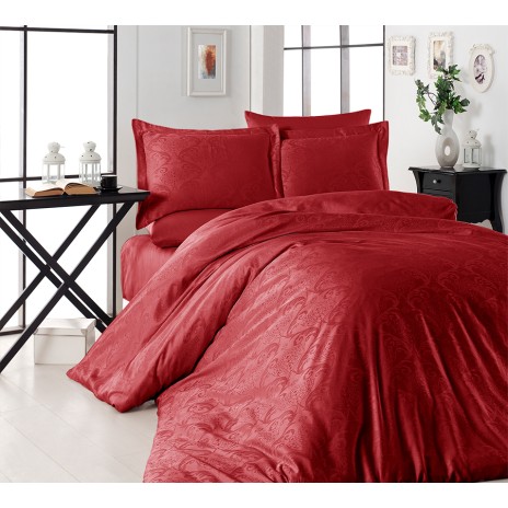 Lenjerie de pat roșie cu design elegant jacquard cu motive florale stil damasc din bumbac satinat mercerizat, model Story Home Siray Red, set 6 piese.