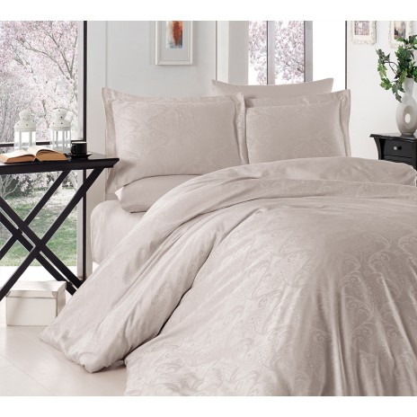 Lenjerie de pat Jacquard Story Home Trudy Stone bej, model cu flori și arabescuri, bumbac satinat, 6 piese