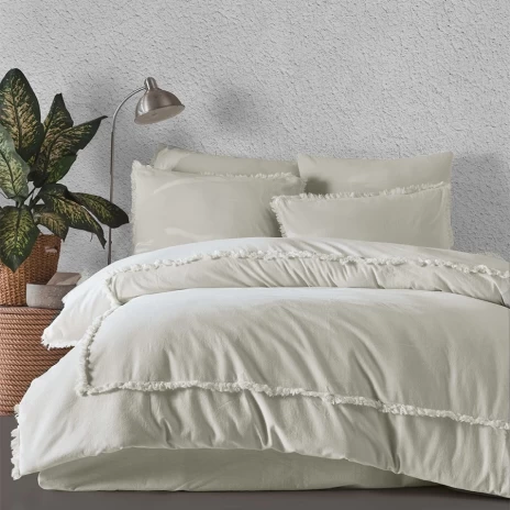 Lenjerie de pat bumbac prespălat Majoli Bahar Dark Dove Crem, crem cu franjuri decorative, 6 piese, cearceaf crem uni
