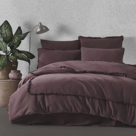 Lenjerie de pat bumbac prespălat Majoli Bahar Maddox Dark Charm Bordo, bordo cu franjuri decorative, 6 piese, cearceaf bordo uni