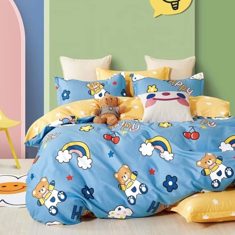 Lenjerie de pat percale albastră cu ursuleți și curcubeu, bumbac 100%, set de 3 piese, fabricată în România