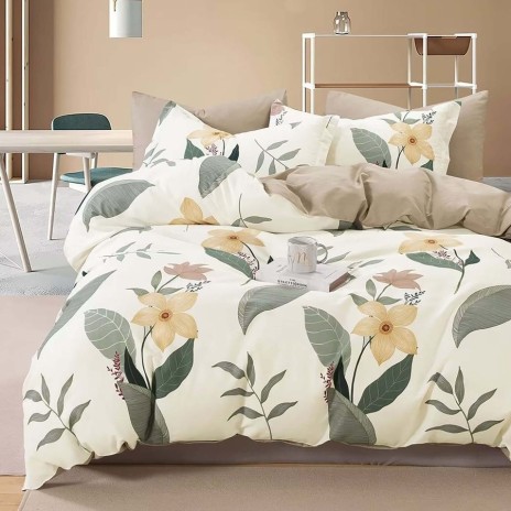 Lenjerie de pat percale cu flori și frunze, din bumbac 100%, set de 4 piese, pat dublu, fabricată în România