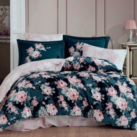 Lenjerie de pat satin de lux 6 piese Hobby Home Adriana Petrol Green, cu trandafiri roz, bumbac satinat