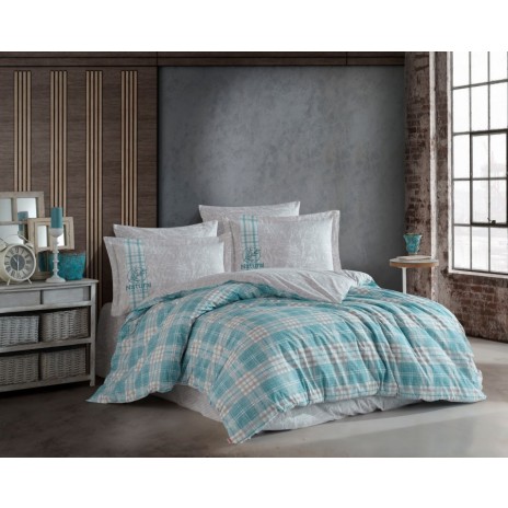 Lenjerie de pat cu carouri turcoaz și albe, Denim Turquoise, set de 4 piese