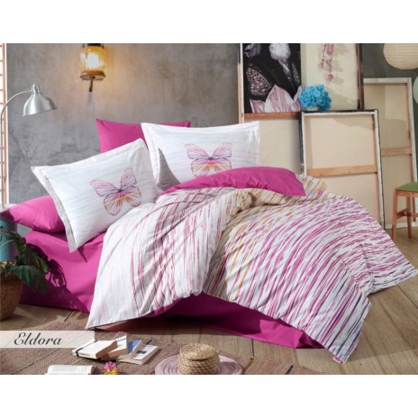Lenjerie de pat cu fluturi și dungi colorate, Eldora Fuchsia, set de 4 piese