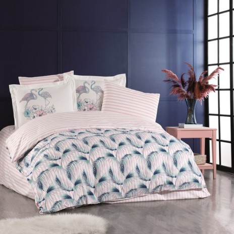 Lenjerie de pat poplin cu pene turcoaz și flamingo, din bumbac 100%, set de 4 piese