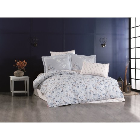 Lenjerie de pat cu flori albastre și bej, Jardin Dark Blue, set de 4 piese