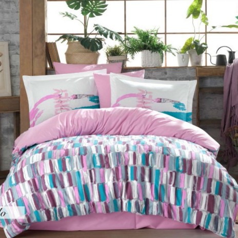 Lenjerie de pat din bumbac 100%, Mikado Pink, model colorat abstract, set de 4 piese