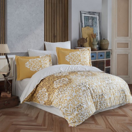 Lenjerie de pat cu modele baroc albe pe fundal auriu, Serenity Gold, set de 4 piese