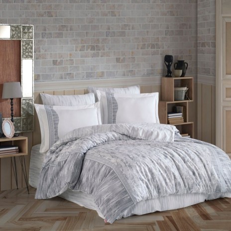 Lenjerie de pat cu modele abstracte gri pe fundal alb, Ventura Grey, set de 4 piese