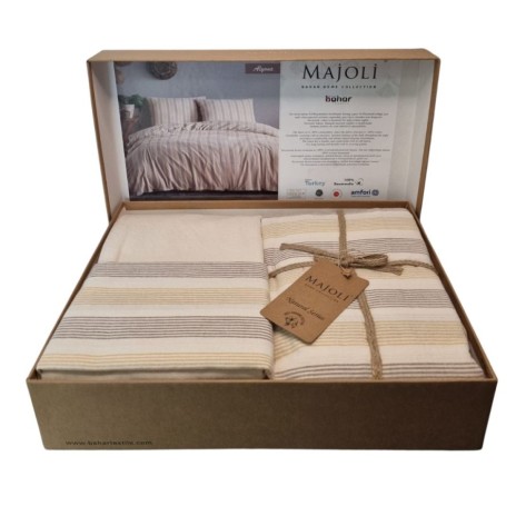 Lenjerie de pat poplin prespălat, Majoli Bahar, Natural Alyona Crem/Maro