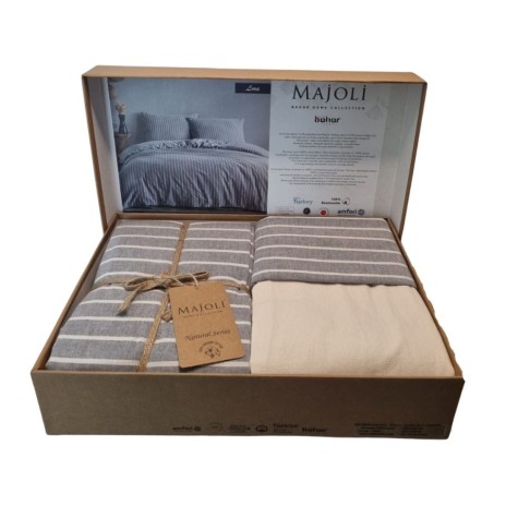Lenjerie de pat poplin prespălat, Majoli Bahar, Natural Lora Gri/Crem
