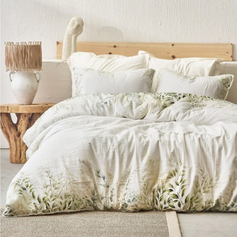 Lenjerie de pat Hermes ecru cu imprimeu verde, muselină 100% bumbac, set 6 piese.
