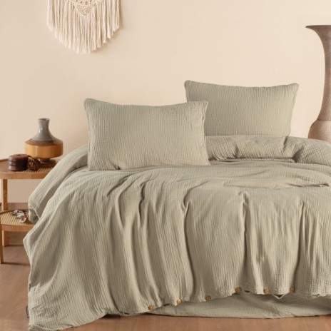 Lenjerie de pat din muselină Henna Bej, 100% bumbac organic, design elegant și respirabil