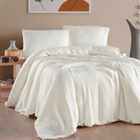 Lenjerie de pat din muselină Henna Crem, 100% bumbac organic, design elegant și respirabil, nasturi cu aspect de lemn natural