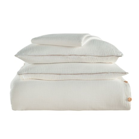 Lenjerie de pat din muselină Henna Crem, 100% bumbac organic, design elegant și respirabil, nasturi cu aspect de lemn natural