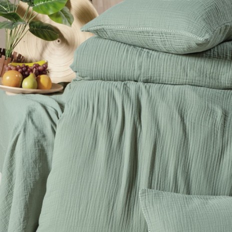 Lenjerie de pat din muselină Henna Verde, 100% bumbac organic, design elegant și respirabil, nasturi cu aspect de lemn natural