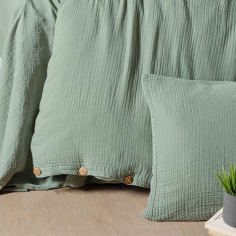 Lenjerie de pat din muselină Henna Verde, 100% bumbac organic, design elegant și respirabil, nasturi cu aspect de lemn natural