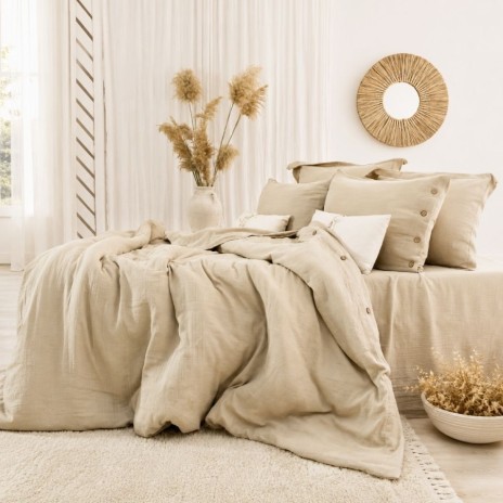 Lenjerie de pat din muselina cu 2 straturi, Vetro Bej 6 piese cu nasturi decorativi