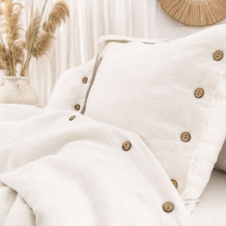 Lenjerie de pat din muselina cu 2 straturi, Vetro Crem 6 piese cu nasturi decorativi