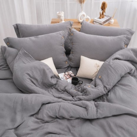 Lenjerie de pat din muselina cu 2 straturi, Vetro Gri antracit 6 piese cu nasturi decorativi
