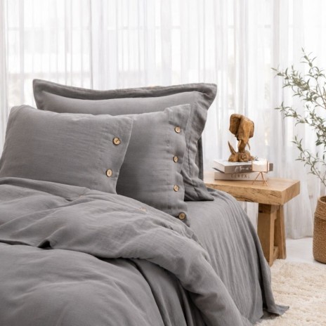 Lenjerie de pat din muselina cu 2 straturi, Vetro Gri antracit 6 piese cu nasturi decorativi