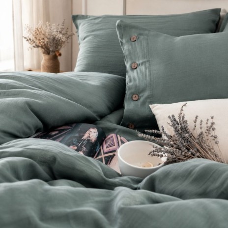 Lenjerie de pat din muselina cu 2 straturi, Vetro Verde 6 piese cu nasturi decorativi