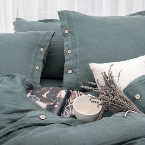 Lenjerie de pat din muselina cu 2 straturi, Vetro Verde 6 piese cu nasturi decorativi