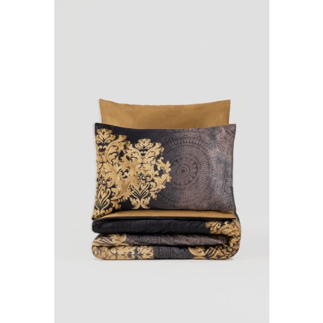 Lenjerie de pat Cotton Box Jadira Beige, bumbac 100% satinat, imprimeuri aurii, set 6 piese, culori bej și gri.